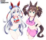  2girls animal_ears bike_shorts bikini blue_eyes breasts brown_hair character_name cleavage cropped_legs crossed_arms ear_covers green_eyes hair_between_eyes hands_on_own_hips headband horse_ears horse_girl horse_tail inari_one_(umamusume) large_breasts long_hair multicolored_bikini multicolored_clothes multiple_girls numbered pink_shorts red_headband shigino_sohuzi shorts simple_background small_breasts smile sports_bikini sports_bra swimsuit tail tamamo_cross_(umamusume) umamusume white_background white_hair 