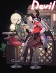  1girl absurdres alcohol animal_ears bar_(place) black_wings bottle breasts brown_pantyhose chair colored_skin covered_navel cup demon_girl demon_horns demon_tail demon_wings earrings fake_animal_ears full_body hellk111 highres holding holding_cup horns jewelry lamp long_hair looking_at_viewer on_chair original pantyhose playboy_bunny pointy_ears rabbit_ears red_skin sitting smile solo tail thigh_strap white_hair wings yellow_eyes 
