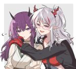  2girls alternate_costume arknights black_necktie black_shirt braid colored_skin commentary_request crop_top demon_girl demon_horns dragon_girl dragon_horns expressionless gold_choker hands_on_another&#039;s_shoulders highres horns hug lava_(arknights) lava_the_purgatory_(arknights) long_hair long_sleeves looking_at_viewer mabing multicolored_hair multiple_girls necktie nian_(arknights) open_clothes open_mouth open_shirt pointy_ears purple_eyes purple_hair red_skin shirt smile streaked_hair twin_braids upper_body white_hair yuri 