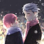  1boy 1girl artist_name black_coat blurry blurry_background blush bob_cut bokeh coat couple dated depth_of_field grey_hair hetero highres krudears looking_at_another parted_lips pink_hair pink_scarf protagonist_(tokimemo_gs3) purple_eyes purple_scarf red_eyes scarf shitara_seiji short_hair tokimeki_memorial tokimeki_memorial_girl&#039;s_side_3rd_story twitter_username upper_body 