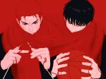  2boys bishounen black_eyes black_hair closed_eyes highres holding holding_needle knitting knitting_needle male_focus multiple_boys needle pyogopyogoyum red_background red_hair rukawa_kaede sakuragi_hanamichi scarf shared_clothes shared_scarf short_hair slam_dunk_(series) toned toned_male upper_body wool yarn yarn_ball 