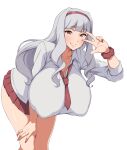  1girl breasts idolmaster idolmaster_(classic) jabara_tornado large_breasts long_hair red_eyes shijou_takane shirt solo v v_over_eye white_hair white_shirt 