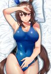  1girl absurdres admire_vega_(umamusume) animal_ears armpits blush breasts brown_eyes brown_hair competition_swimsuit hand_on_own_head highres horse_ears horse_girl horse_tail long_hair medium_breasts on_bed one-piece_swimsuit ponytail solo swimsuit tail tino_(k4zjy66ib1uzmqw) umamusume 