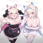  2girls absurdres alternate_costume angel_wings animal_ear_fluff animal_ears bandaid_hair_ornament bare_shoulders black_gloves blonde_hair blue_eyes blue_hair breasts cleavage colored_inner_animal_ears demon_horns dog_ears dog_girl dog_tail dress elbow_gloves english_commentary fang flat_chest frilled_skirt frills fuwawa_abyssgard gloves hair_ornament hairband hairclip halo headband heart highres hololive hololive_english horns large_breasts long_hair looking_at_viewer mococo_abyssgard multicolored_hair multiple_girls namiorii open_mouth pink_eyes pink_hair pink_hairband pink_headband short_hair siblings sidelocks simple_background single_elbow_glove sisters skin_fang skirt streaked_hair tail thighhighs twins two_side_up virtual_youtuber white_background white_dress white_thighhighs wings x_hair_ornament 