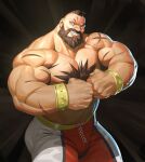  1boy bara beard black_hair chest_hair clenched_hands double_biceps_pose facial_hair flexing highres large_pectorals male_focus mohawk muscular muscular_male nesskain pants pectorals scar scar_on_arm short_hair smile solo street_fighter teeth topless_male wrestling_outfit zangief 
