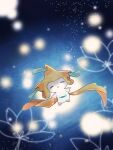  animal_focus closed_eyes colored_skin commentary_request floating flower hanabusaoekaki highres jirachi lotus night night_sky no_humans parted_lips pokemon pokemon_(creature) sky space star_(sky) tanzaku third_eye white_skin 