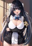  1girl :o armband black_hair blue_bow blue_bowtie blue_eyes blurry blurry_background blush bow bowtie bra breasts cleavage collared_shirt commentary_request cowboy_shot hair_ornament highres large_breasts liya long_sleeves looking_at_viewer no_pants open_mouth original panties shirt textless_version thigh_gap underwear white_bra white_panties 