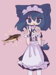  1girl animal_ears apron black_dress blue_eyes blue_hair buttoned_cuffs buttons cat_ears cat_tail cowboy_shot dress drooling fish frilled_apron frills hair_between_eyes hands_up kanikan looking_at_viewer maid maid_headdress medium_hair mouth_drool original pantyhose parted_lips pink_background short_sleeves simple_background solo standing tail waist_apron white_apron white_pantyhose wrist_cuffs 