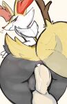  anthro balls black_body black_fur bodily_fluids braixen butt canid canine cum cum_inside duo fox fur generation_6_pokemon genital_fluids genitals hi_res inner_ear_fluff leaking leaking_cum looking_at_viewer looking_back male male/male mammal nintendo pokemon pokemon_(species) smile tuft vroorv white_body white_fur yellow_body yellow_fur 