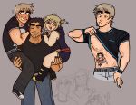  1girl 2boys bare_pectorals beard_stubble black_hair carrying carrying_multiple_people carrying_person character_request character_tattoo collage cropped_legs denim doodle_inset highres huge_eyebrows implied_yaoi jcaee_(caejss) jeans laughing lifted_by_self lucas_lee male_focus multiple_boys nervous_sweating one_eye_closed pants pectorals scott_pilgrim_takes_off shirt short_hair short_sleeves smile sweat t-shirt tight_clothes tight_shirt todd_ingram toned toned_male wallace_wells wavy_mouth 