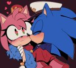  1boy 1girl amy_rose anchor_symbol blush bracelet carrying closed_eyes dress eyepatch feather_boa furry furry_female furry_male gloves happy hat heart heart_eyepatch highres jewelry kiss kissing_cheek peaked_cap princess_carry red_dress smile sonic_(series) sonic_the_hedgehog the_murder_of_sonic_the_hedgehog toonsite wavy_mouth white_gloves 