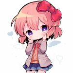  1girl blush bow doki_doki_literature_club haru431 red_bow red_ribbon ribbon sayori_(doki_doki_literature_club) school_uniform short_hair solo white_background wings 