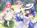  3girls artist_request azur_lane bare_shoulders black_ribbon bow bridal_gauntlets cheshire_(azur_lane) cheshire_(the_cat_and_the_white_steed)_(azur_lane) collarbone copyright cup dress flower frilled_hairband frills grass hairband hand_fan hat hat_bow highres holding holding_fan holding_party_popper jewelry key_necklace logo long_hair multicolored_hair multiple_girls necklace official_alternate_costume official_art one_eye_closed perseus_(azur_lane) pink_eyes pink_footwear pink_hair purple_bow purple_ribbon red_flower red_rose ribbon rose saratoga_(azur_lane) saratoga_(ring_the_bell_of_joy)_(azur_lane) short_hair sleeveless sleeveless_dress streaked_hair striped striped_bow tea teacup teapot white_bow white_dress white_headwear wide_sleeves 