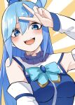  1girl :d aqua_(konosuba) bare_shoulders blue_bow blue_dress blue_eyes blue_hair blush bow breasts commentary detached_sleeves doyagao dress eyebrows_hidden_by_hair hair_between_eyes highres kono_subarashii_sekai_ni_shukufuku_wo! large_breasts long_hair long_sleeves looking_at_viewer mame1645 open_mouth simple_background single_hair_ring smile smug solo straight-on teeth upper_body upper_teeth_only v v_over_head very_long_hair white_sleeves yellow_background 