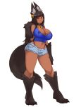  1girl animal_ear_fluff animal_ears animal_hands anubis_(monster_girl_encyclopedia) black_collar black_fur black_hair black_panties blue_tank_top casual collar cutoffs dark-skinned_female dark_skin full_body highleg highleg_panties jackal_ears jackal_girl jackal_tail long_hair micro_shorts monster_girl monster_girl_encyclopedia navel panties rtil shorts sidelocks simple_background solo standing tank_top underwear white_background 