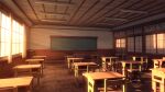  ceiling_light chair chalkboard classroom curtains desk door dusk fluorescent_lamp ginka indoors kuro-kun_(nablack) no_humans official_art scenery school_chair school_desk window wooden_floor 