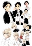  2boys absurdres belt black_hair blonde_hair blush breast_pocket buttons closed_eyes collared_shirt from_behind gakuran hand_in_pocket highres looking_at_viewer male_focus multiple_boys original parted_lips pocket school_uniform shirt short_sleeves smile teeth user_vzdf5854 white_background yaoi 
