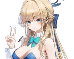  1girl artist_name bare_shoulders blonde_hair blue_archive blue_bow blue_bowtie blue_eyes blue_hair bow bowtie braid breasts cleavage closed_mouth collarbone detached_collar expressionless french_braid hair_bow halo long_hair looking_at_viewer medium_breasts meoyo multicolored_hair official_alternate_costume playboy_bunny simple_background toki_(blue_archive) toki_(bunny)_(blue_archive) upper_body v white_background wrist_cuffs 
