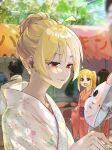  3girls 4girls ahoge alternate_hairstyle blonde_hair blurry blurry_background blush bocchi_the_rock! commentary day depth_of_field detached_ahoge funi_mu9 hair_bun highres holding holding_mask ijichi_nijika ijichi_seika japanese_clothes kimono lens_flare long_hair looking_at_another mask multiple_girls obi open_mouth outdoors pa-san parted_bangs parted_lips people red_eyes red_kimono sash short_hair side_ponytail sidelocks single_hair_bun star_(symbol) star_print summer_festival sunlight teeth upper_teeth_only white_kimono yamada_ryo yukata 