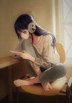  1girl absurdres barefoot casual cellphone chair closed_mouth collarbone commentary dead_knight_(20355611) feet feet_on_chair grey_pants headphones highres holding hoshino_ai_(oshi_no_ko) long_hair multicolored_hair oshi_no_ko pants phone purple_eyes purple_hair shirt sidelocks sitting smartphone solo star-shaped_pupils star_(symbol) streaked_hair swept_bangs symbol-shaped_pupils toes white_shirt 