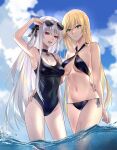  2girls absurdres alternate_costume armpits bare_shoulders bikini black_bikini black_choker black_one-piece_swimsuit black_ribbon blonde_hair blue_sky breasts choker collarbone earrings english_commentary eyewear_on_head girls&#039;_frontline green_eyes hair_ribbon hand_on_another&#039;s_hip highres jewelry kar98k_(girls&#039;_frontline) long_hair looking_at_viewer multiple_girls one-piece_swimsuit outdoors purple_eyes ribbon side-tie_bikini_bottom sky smile standing stg44_(girls&#039;_frontline) sunglasses suprii swimsuit water wet white_hair 