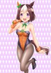 1girl alternate_costume animal_ears aonuma_kiyoharu blush breasts brown_hair carrot carrot_background cleavage commentary_request food hair_between_eyes hair_ornament highres horse_ears horse_tail leg_up looking_at_viewer medium_breasts medium_hair open_mouth playboy_bunny purple_background purple_eyes shoes solo special_week_(umamusume) tail umamusume 