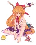  1girl artist_name bangs barefoot bow chain closed_mouth commentary_request dated feet full_body hair_bow hamriku hand_on_own_ankle hands_on_feet highres horn_ornament horn_ribbon horns ibuki_suika knee_up long_hair looking_at_viewer neckerchief oni_horns orange_eyes orange_hair purple_ribbon purple_skirt red_bow red_neckerchief ribbon shirt simple_background sitting skirt smile soles solo torn_clothes torn_sleeves touhou very_long_hair white_background white_shirt wrist_cuffs 