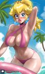  1girl absurdres arm_up bare_shoulders bikini blonde_hair blue_eyes blue_sky blush breasts cloud commentary cowboy_shot criss-cross_halter crown day earrings echo_saber halterneck highres jewelry large_breasts long_hair mario_(series) mini_crown navel palm_tree pink_bikini pink_lips ponytail princess_peach sky solo standing stomach swimsuit thighs tree 
