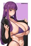  1girl abs absurdres bikini blunt_bangs breasts closed_mouth collarbone commentary cromwellb fern_(sousou_no_frieren) from_side hands_up highleg highleg_bikini highres huge_breasts light_frown long_hair looking_at_viewer micro_bikini open_clothes purple_background purple_eyes purple_hair purple_pupils skindentation solo sousou_no_frieren sweat swimsuit twitter_username underboob upper_body very_long_hair 