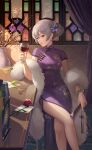  1girl absurdres breasts china_dress chinese_clothes crazy_ones cup dress earrings flower grey_hair hair_between_eyes highres holding holding_cup jewelry large_breasts looking_at_viewer official_art purple_dress red_eyes red_flower red_rose rose sitting solo table xia_bing_(crazy_ones) 