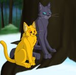  2010 age_difference ambiguous_gender blue_eyes bluekyokitty bluestar_(warriors) cel_shading detailed_background digital_drawing_(artwork) digital_media_(artwork) domestic_cat duo eyebrows felid feline felis female_(lore) feral frown fur grass grey_body grey_fur grey_inner_ear_fluff head_tuft inner_ear_fluff lionheart_(warriors) male_(lore) mammal orange_eyes outside plant raised_tail sebdoggo shaded shrub sitting smile snow tail thick_eyebrows tree tuft warriors_(cats) whiskers white_whiskers yellow_body yellow_fur yellow_inner_ear_fluff young 