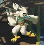  anthro avian bird blue_eyes breath_of_the_wild claws dancing eso_tilin eyebrows feathers full-length_portrait hi_res inside male meme nintendo portrait pose rito rodricoro shadow solo standing the_legend_of_zelda tulin_(zelda) white_body wood_floor 