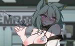  1girl :q absurdres animal_ear_fluff animal_ears arknights blurry blurry_background blush breasts breasts_out cat_ears cat_girl criss-cross_halter cum_in_syringe dior-zi dress green_eyes green_hair hair_between_eyes halterneck hand_up highres holding holding_syringe indoors kal&#039;tsit_(arknights) large_breasts licking_lips looking_at_viewer medium_hair nipples off-shoulder_dress off_shoulder oripathy_lesion_(arknights) parted_lips portrait solo syringe tongue tongue_out 