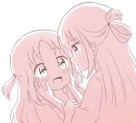  2girls :d alina_gray blush closed_mouth hair_between_eyes hands_on_another&#039;s_face long_hair looking_at_another magia_record:_mahou_shoujo_madoka_magica_gaiden mahou_shoujo_madoka_magica misono_karin monochrome multiple_girls open_mouth parted_bangs profile sidelocks simple_background single_hair_ring smile straight_hair sweatdrop takuan_ningen two_side_up upper_body white_background 
