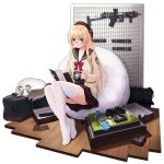  1girl allenes bean_bag_chair black_bag blonde_hair blue_eyes blush board_game bow bowtie brown_headwear brown_sailor_collar brown_skirt card cardigan cat coffee_mug cup feet full_body girls&#039;_frontline griffin_&amp;_kryuger gun gun_rack holding holding_cup long_hair long_sleeves looking_at_viewer loose_bowtie magazine_(weapon) mug no_shoes official_alternate_costume official_art open_box open_mouth pamphlet pleated_skirt red-framed_eyewear red_bow red_bowtie sailor_collar semi-rimless_eyewear shirt simple_background sitting skindentation skirt solo star_model_z62 thighhighs third-party_source toes transparent_background under-rim_eyewear very_long_hair weapon white_cardigan white_cat white_shirt white_thighhighs z-62_(casual_afternoon_game)_(girls&#039;_frontline) z-62_(girls&#039;_frontline) 