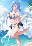  1girl arm_strap armpit_crease bare_legs bare_shoulders barefoot beach bikini blue_bikini blue_hair blue_nails breasts cleavage closed_mouth collarbone day emori_miku front-tie_bikini_top front-tie_top hair_bobbles hair_ornament halterneck hands_up highres holding holding_towel large_breasts leg_up liver_city long_hair looking_at_viewer low_twintails nail_polish navel outdoors purple_eyes side-tie_bikini_bottom skindentation smile solo standing standing_on_one_leg stomach string_bikini striped striped_bikini sunlight swimsuit thighs towel twintails very_long_hair virtual_youtuber waist_cape wet yoruhoshi_owl 