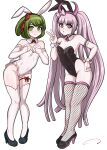  2girls absurdres aldharoku alternate_costume animal_ears bare_shoulders black_footwear black_leotard blunt_bangs blush bow bowtie breasts collarbone covered_navel danganronpa_(series) danganronpa_another_episode:_ultra_despair_girls detached_collar fake_animal_ears fishnet_thighhighs fishnets full_body green_eyes green_hair groin hairband high_heels highres leaning_forward leotard long_hair multiple_girls pink_eyes pink_hair playboy_bunny rabbit_ears rabbit_tail red_bow red_bowtie red_hairband shoes short_hair simple_background small_breasts smile tail thigh_strap thighhighs towa_monaca utsugi_kotoko v white_background white_leotard wrist_cuffs 