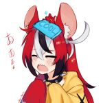  1girl animal_ears animal_on_head black_hair blush closed_eyes collar facing_viewer hair_between_eyes hair_down hakos_baelz hololive hololive_english long_hair long_sleeves mouse mouse_ears mouse_girl mouse_on_head mr._squeaks_(hakos_baelz) multicolored_hair on_head open_mouth red_hair sharp_teeth simple_background sleeves_past_fingers sleeves_past_wrists solo spiked_collar spikes streaked_hair teeth twitter_username upper_body virtual_youtuber white_background white_hair yoako 