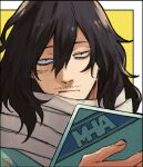  1boy acronym bags_under_eyes black_hair bloodshot_eyes boku_no_hero_academia border closed_mouth eraser_head_(boku_no_hero_academia) facial_hair grey_scarf hair_between_eyes holding looking_at_viewer male_focus messy_hair mustache rnuyvm scar scar_on_face scarf solo sparse_stubble upper_body white_border yellow_background 