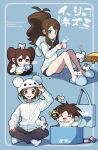  2boys 2girls alternate_costume antenna_hair blue_eyes brown_hair brown_pants brown_shorts chibi closed_mouth commentary_request cookie cup english_text eyelashes food high_ponytail highres hilbert_(pokemon) hilda_(pokemon) holding holding_cup hood hood_down hood_up hoodie knees legs maushold momo_maru_(mmmrchiru) mug multiple_boys multiple_girls nate_(pokemon) pants pokemon pokemon_(creature) pokemon_(game) pokemon_bw pokemon_bw2 rosa_(pokemon) shorts sidelocks sitting slippers smile socks steam translation_request white_hoodie 