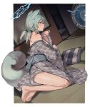  1girl animal_ears bare_legs bare_shoulders barefoot bath_yukata blue_archive blue_halo blush bottle chinese_commentary dangoyoo electric_fan green_hair halo indoors japanese_clothes kimono long_sleeves medium_hair obi official_alternate_costume profile purple_eyes sake_bottle sash shigure_(blue_archive) shigure_(hot_spring)_(blue_archive) sitting solo sweat tail tatami weasel_ears weasel_tail wide_sleeves yukata 