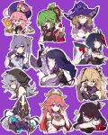  2boys 6+girls absurdres animal_ears animal_hat beidou_(genshin_impact) black_hair blonde_hair braid breasts cleavage coin cyno_(genshin_impact) dark-skinned_male dark_skin detached_sleeves dori_(genshin_impact) earrings eyepatch fischl_(genshin_impact) fox_shadow_puppet genshin_impact green_hair hair_between_eyes hat highres holding holding_weapon hood hood_up humanoid_robot itecsan927 jewelry keqing_(genshin_impact) kujou_sara kuki_shinobu large_breasts lisa_(genshin_impact) long_hair looking_at_viewer mask mask_on_head medium_breasts mouth_mask multiple_boys multiple_girls ninja_mask one_eye_closed outline pink_hair purple_background purple_eyes purple_hair raiden_shogun razor_(genshin_impact) robot single_braid upper_body weapon white_outline wings witch_hat yae_miko 