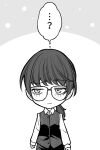  ...? 1girl buttons chibi clenched_hand closed_mouth commentary_request glasses greyscale highres kanazawa_shinnosuke long_hair long_sleeves looking_to_the_side monochrome original ponytail shirt striped striped_vest thought_bubble translation_request vest 