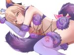  1girl ahoge animal_ears bare_shoulders black_bow blonde_hair bow breasts cleavage cosplay elbow_gloves fate/grand_order fate_(series) fur-trimmed_gloves fur-trimmed_legwear fur_collar fur_trim gloves hair_bow half_updo highres koha-ace lace-trimmed_legwear lace_trim large_breasts looking_at_viewer lying mash_kyrielight mash_kyrielight_(dangerous_beast) mash_kyrielight_(dangerous_beast)_(cosplay) nigori_(keydoor) okita_souji_(fate) okita_souji_(koha-ace) on_back on_side purple_gloves purple_thighhighs revealing_clothes short_hair solo tail thighhighs wolf_ears wolf_tail yellow_eyes 