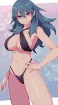  1girl bikini black_bikini black_bow blue_eyes blue_hair bow breasts byleth_(female)_(fire_emblem) byleth_(fire_emblem) closed_mouth fire_emblem fire_emblem:_three_houses hand_on_own_hip highres lamb-oic029 large_breasts looking_at_viewer navel o-ring o-ring_bikini o-ring_bottom smile solo standing stomach swimsuit thighs 