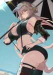  1girl absurdres ass bare_shoulders bikini black_bikini black_jacket black_thighhighs black_vest breasts cleavage cropped_vest fate/grand_order fate_(series) grey_hair hareno_chiame highleg highleg_bikini highres jacket jeanne_d&#039;arc_alter_(avenger)_(fate) jeanne_d&#039;arc_alter_(fate) large_breasts long_hair long_sleeves looking_at_viewer o-ring off_shoulder open_clothes open_jacket solo swimsuit thighhighs thighs umbrella underboob very_long_hair vest visor_cap yellow_eyes 
