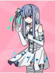  ++_(9oafxjjhuktkdef) 1girl blue_hair blue_ribbon blunt_bangs bright_pupils closed_mouth collared_dress commentary cowboy_shot dress elbow_gloves expressionless flower_knot gloves green_ribbon hair_ribbon hand_on_own_chest hand_up holographic_interface kotonoha_aoi letterboxed long_hair looking_at_viewer low_tied_sidelocks musical_note musical_note_print outside_border pink_background pixel_art red_eyes ribbon short_dress sidelocks sideways_glance sleeveless sleeveless_dress square_pupils standing synthesizer_v thighhighs voiceroid white_dress white_gloves white_pupils white_thighhighs 