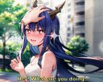  1girl arknights bare_shoulders blue_hair blurry blurry_background blush breasts ch&#039;en_(arknights) disembodied_limb dragon_horns embarrassed english_text hair_between_eyes headpat highres horns jewelry lattekoi5252 long_hair looking_at_viewer medium_breasts nose_blush open_mouth outdoors pendant red_eyes sidelocks solo_focus 