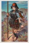  1girl arm_at_side arm_guards armor banner black_hair border check_copyright chin_strap copyright_request day full_body grass hand_up helmet highres holding holding_polearm holding_weapon japanese_armor japanese_clothes kabuto_(helmet) katana kimono kinchaku long_hair looking_at_viewer low_ponytail nature original outdoors polearm ponytail pouch road shadow shin_guards short_kimono short_sleeves short_sword sky smile solo standing stone_lantern sword takahito weapon zouri 