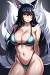 1girl absurdres ahri_(league_of_legends) ai-assisted animal_ears bikini black_hair breasts cleavage edosynf_request fox_ears fox_tail highres large_breasts league_of_legends long_hair looking_at_viewer multiple_tails navel solo swimsuit tail 